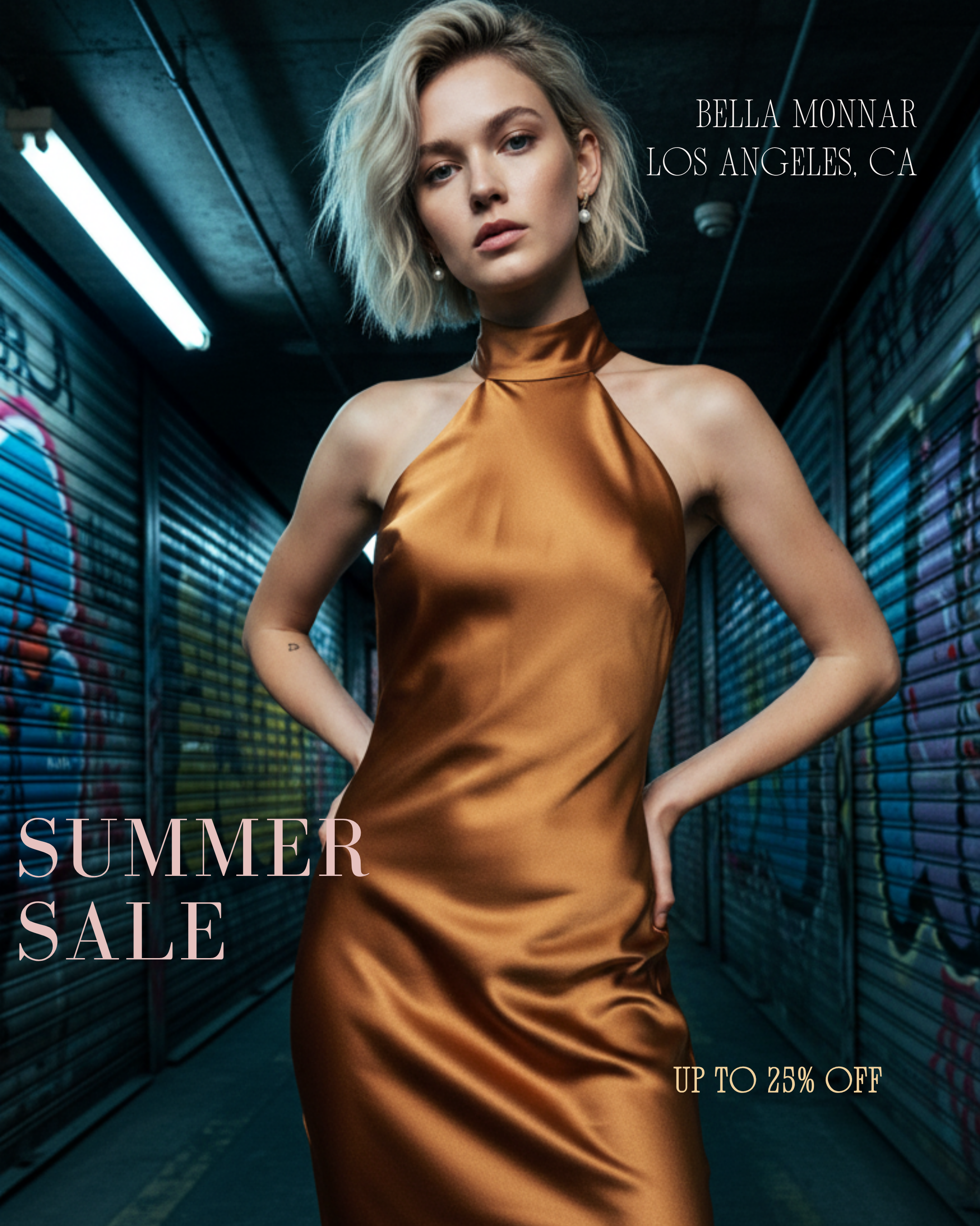 Woman in a brown dress standing in an urban setting with 'Summer Sale' text overlay.