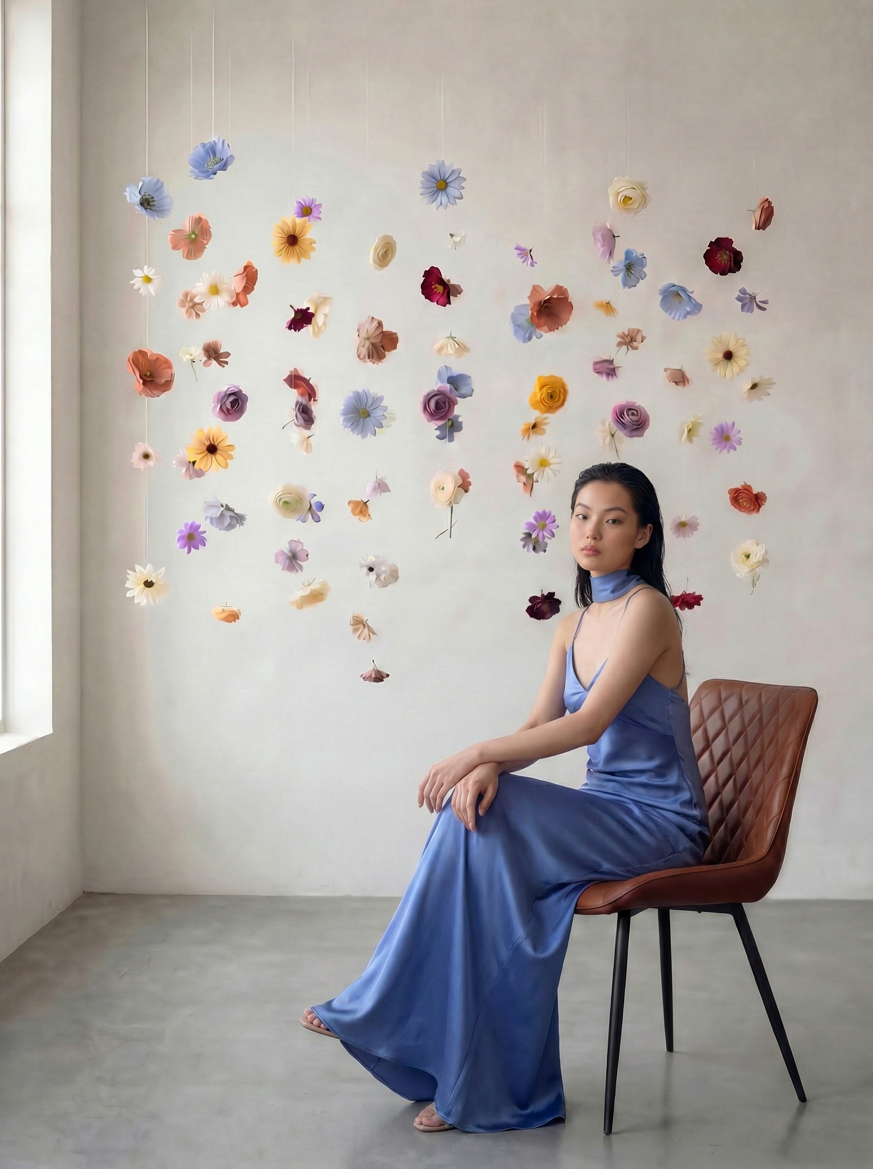 Woman in a blue dress sitting on a chair in front of a wall with colorful flower decals.