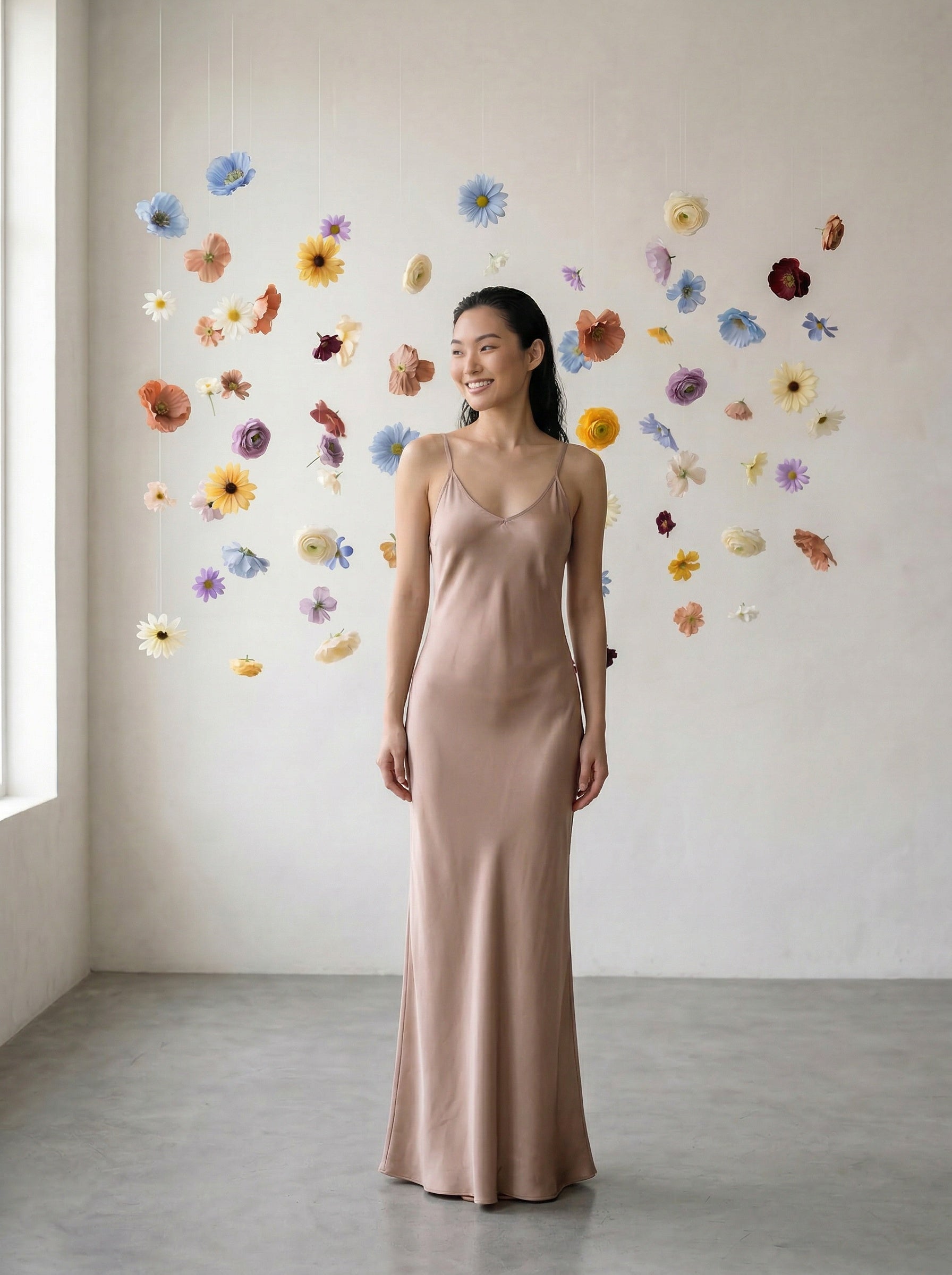 Woman in a long, light blush-colored slip dress standing in a room with decorative flowers on the wall.