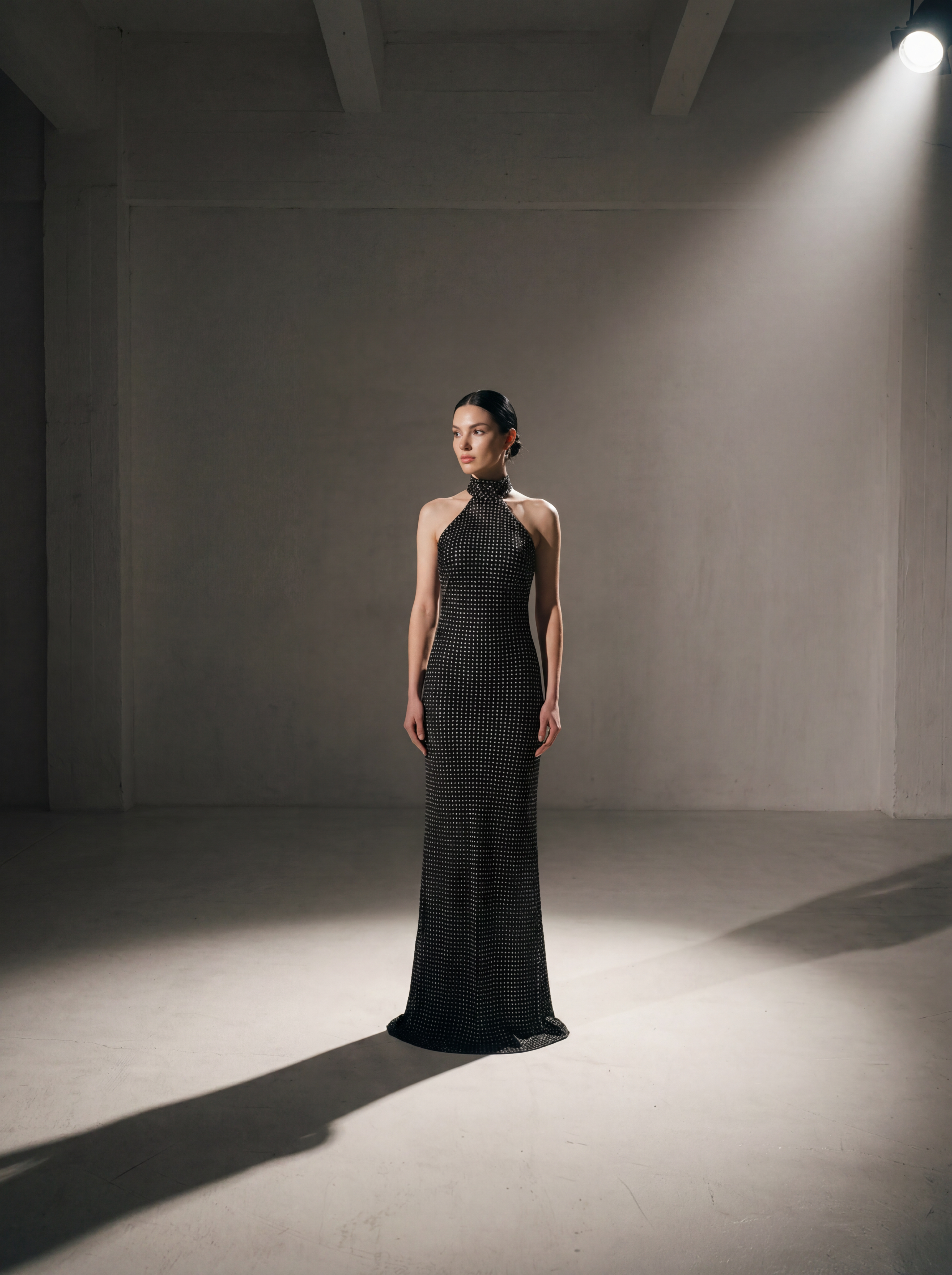 Woman in a black evening gown standing in a dimly lit room with spotlight effect.