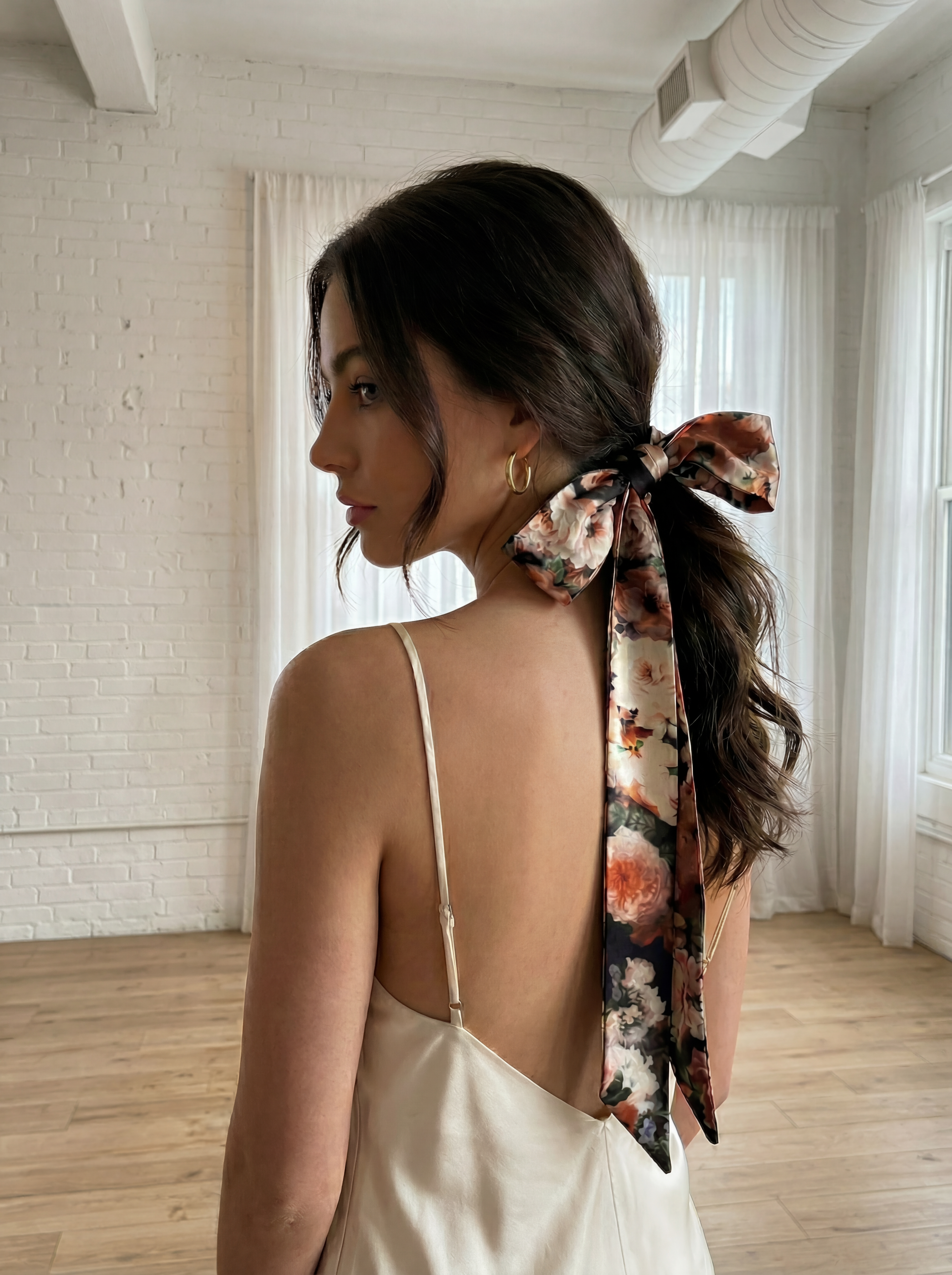 Blush Floral Printed Silk Skinny Scarf