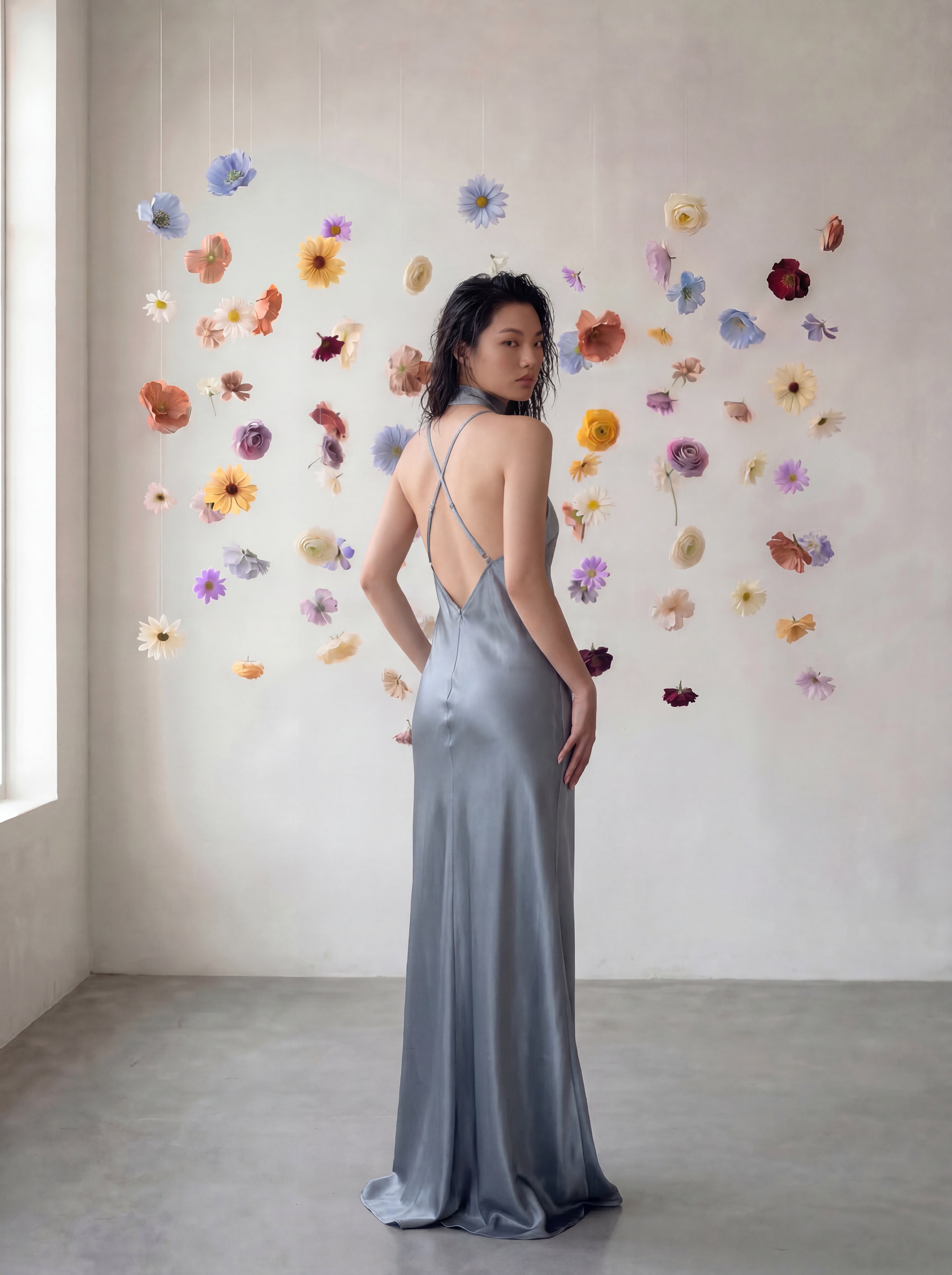 Woman in a blue silver slip dress standing in front of a wall with colorful flowers.