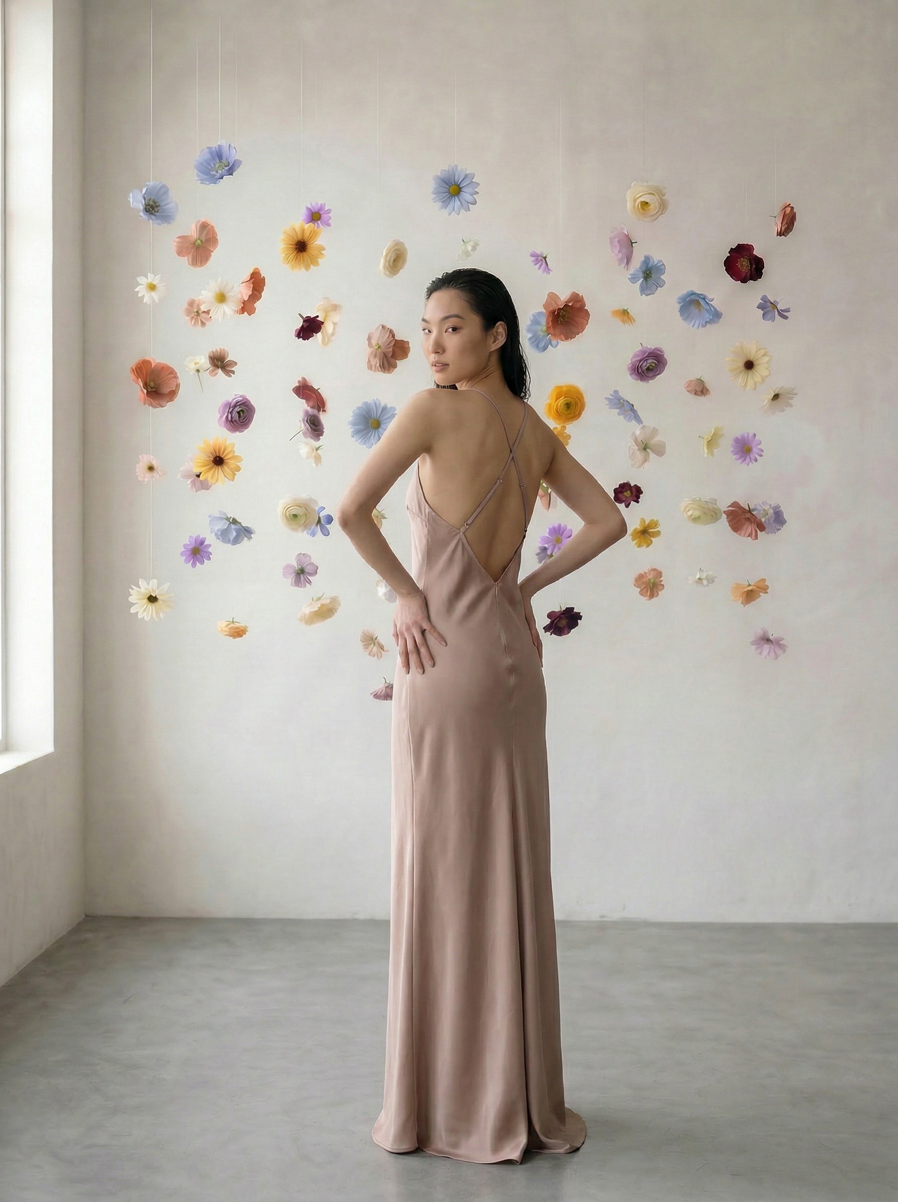 Woman in a long, elegant dress standing in front of a wall with colorful floral arrangements.